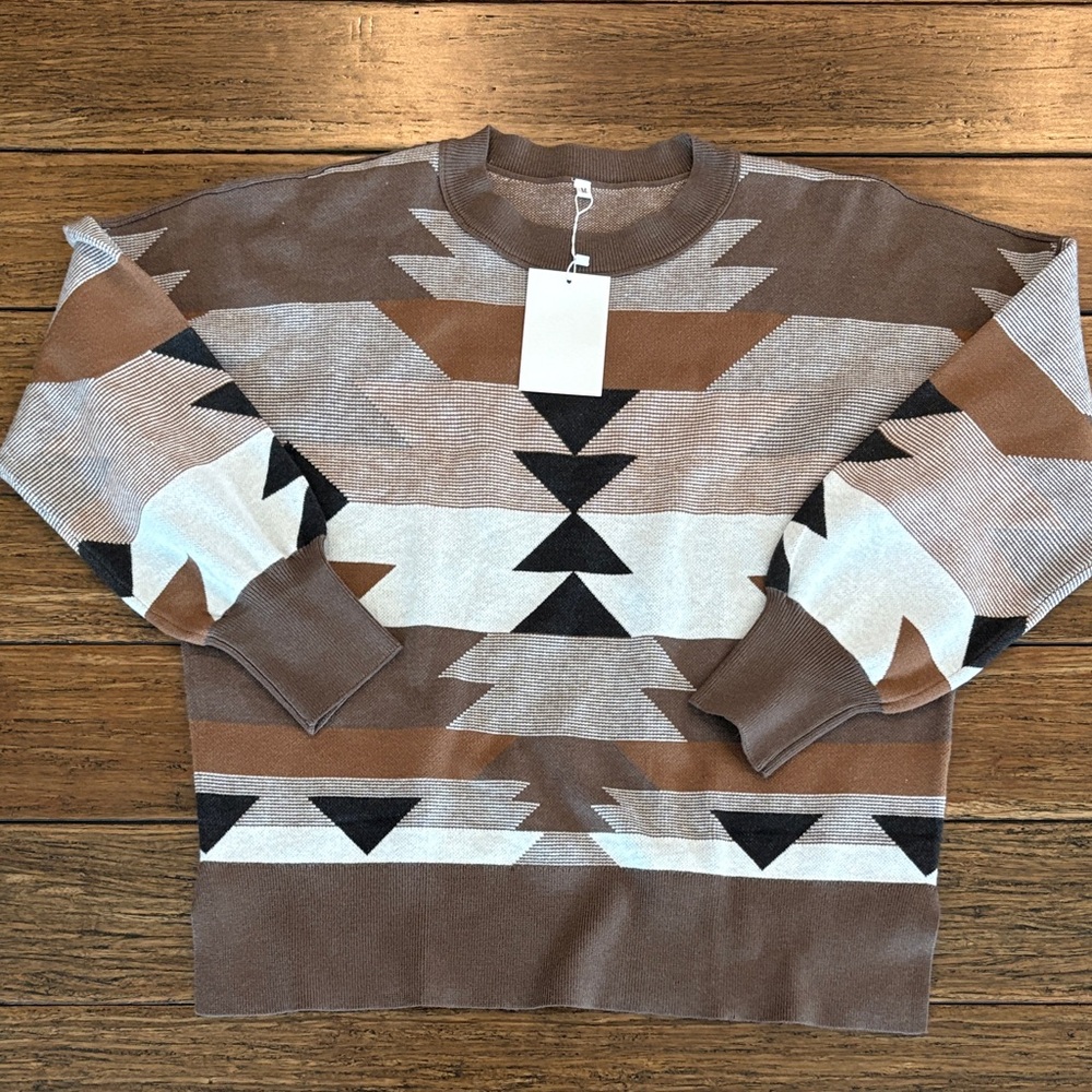 Amazon Brown Cream and Black Geometric Crewneck Sweater